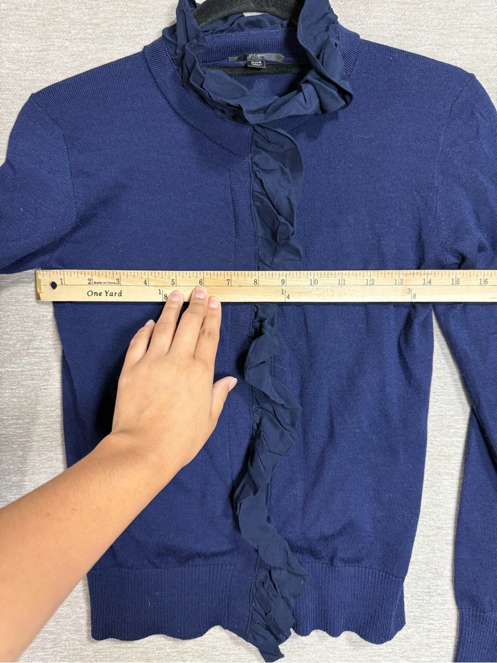 J.Crew 100% Merino Wool Ruffle Cardigan Sweater Navy Blue XXS